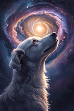 dog and moon Golden Retriever Cosmic Portrait &ndash; Dog with Glowing Fur Against Nebula Galaxy Background