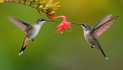 Pair of white-tailed hummingbirds feeding near a vibrant flower in a lush environment