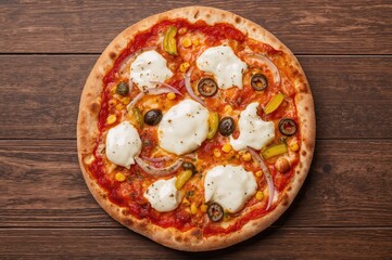 Wood-fired pizza topped with mozzarella, veggies, tomato sauce, corn, olives, bell peppers, and onions on a rustic wooden surface