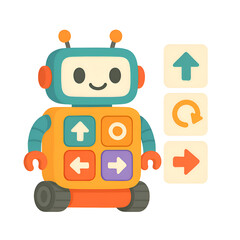 Cute coding robot toy with directional arrows and simple commands, designed as a children’s STEM education learning toy, clean vector style, isolated on white.