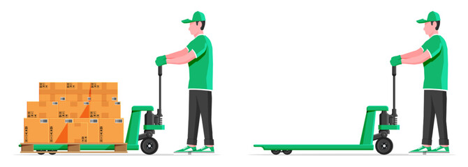Man delivery driver pushing hand pallet truck with cardboard boxes. Warehouse and inventory management. Flat style stock vector set illustration.