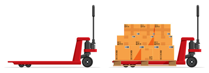 Pallet jack or hand truck for moving packages. Manual forklift for warehouse and cargo transportation concept. Flat style vector. © absent84