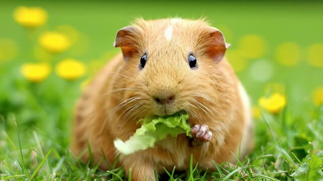 Adorable guinea pig enjoying fresh green lettuce in a lush meadow with dandelions under natural daylight
