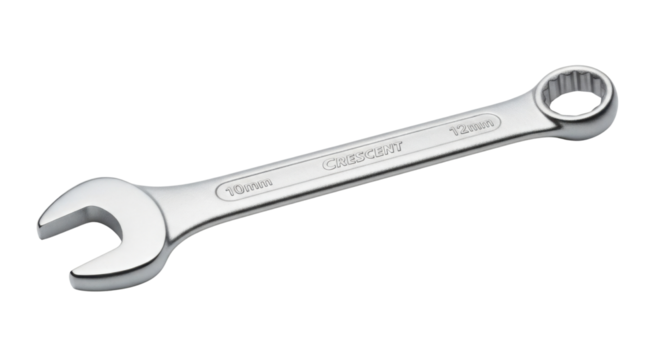 Crescent wrench tool marked 10mm and 12mm isolated PNG with Transparent Background