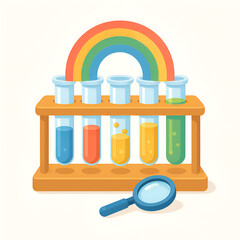 Children’s toy science lab with test tubes mixing colorful liquids into a rainbow, fun STEM education playset design for kids, clean vector style, isolated on white.