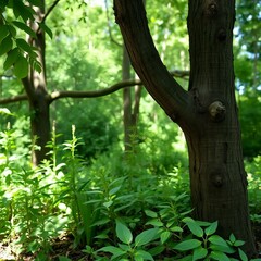 Fototapeta premium Lush green forest canopy with sunlit leaves and textured bark