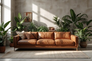 Contemporary living space featuring a tan leather couch and indoor greenery