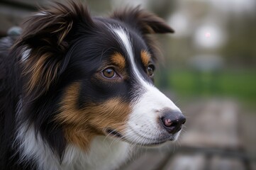 Fototapeta premium Contemplative border collie with melancholy expression sitting in a park, unsure of what to do.