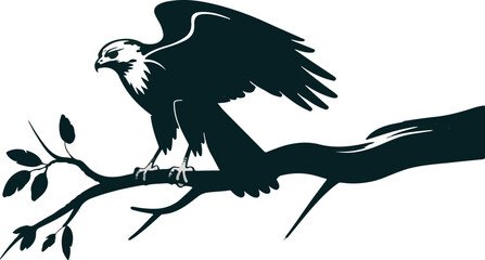 Obraz premium Majestic eagle silhouette perched on a tree branch, vintage hawk bird of prey vector illustration, wild osprey or falcon predator in nature