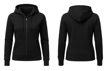 black hoodie jacket mockup front and back side view on a transparent background PNG