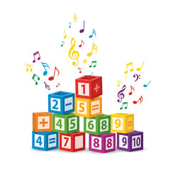 Colorful musical math blocks with numbers producing playful music notes, educational toy concept that combines math and music learning for children, clean vector style, isolated on white.