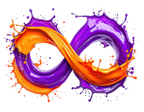 Infinity symbol formed by swirling orange and purple paint splashes