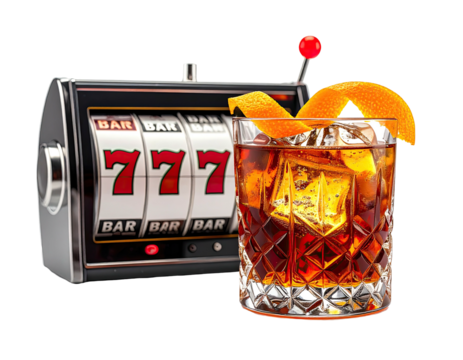 Retro slot machine next to a whiskey cocktail