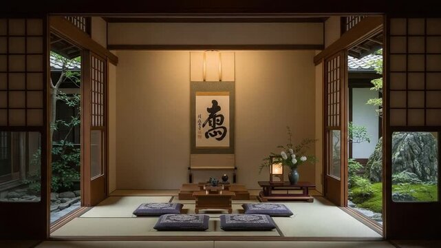 traditional japanese room with tea ceremony setting and garden view