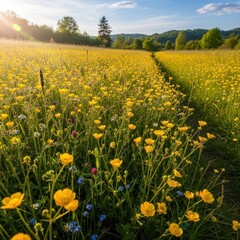 Vibrant yellow buttercup field at sunset with a path leading through the wildflowers and trees in the distance.