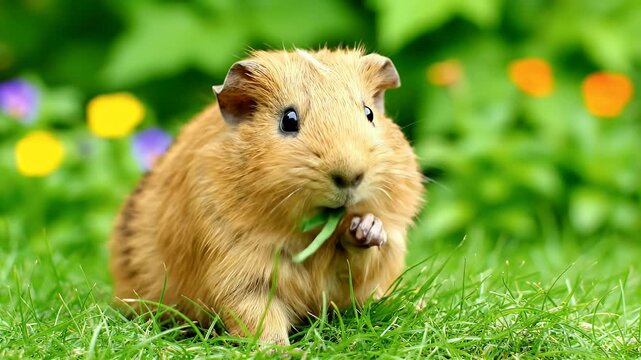 Adorable fluffy guinea pig eating fresh grass outdoors with vibrant garden flowers in soft focus