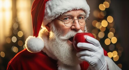 Santa Claus Enjoys an Apple with Festive Background Lights