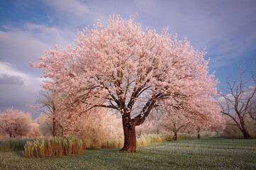 Fototapeta premium Infrared image of a solitary tree featuring a dark brown trunk and branches decorated with pale pink flowers