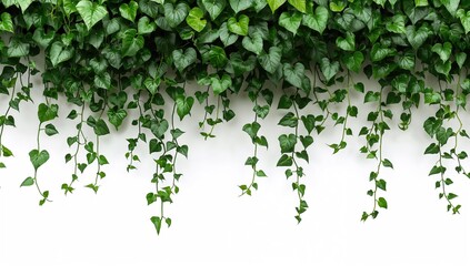 Epiphytic Dischidia species with lush green hanging vines and ivy-like leaves, wet from rain, displayed against a white backdrop in a tropical garden setting
