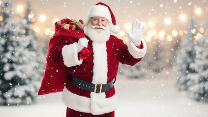 Cheerful Santa Claus Carrying Gifts in a Snowy Winter Wonderland