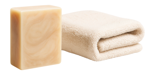 Bar soap and towel in a spa setting.