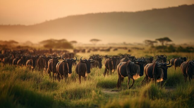A herd of wildebeests grazes in the savanna during sunset. The animals are moving across the grassy plain, with acacia trees and distant hills in the background. - Powered by Adobe