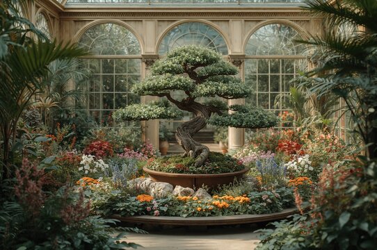 Indoor greenhouse featuring a miniature bonsai tree in a lush green setting - Powered by Adobe
