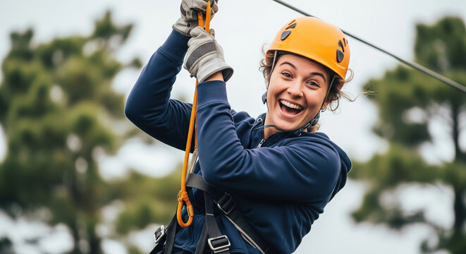 Excited Woman Ziplining Through Tree Canopy in Adventure Park - Powered by Adobe