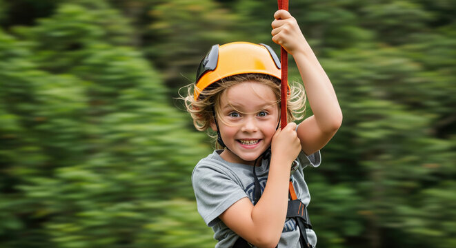 Happy Child Enjoying Thrilling Zip Line Adventure in Nature Scene - Powered by Adobe