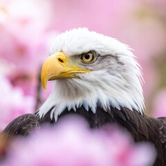 Fototapeta premium Majestic Bald Eagle Portrait Amidst Soft Pink Spring Blossoms.