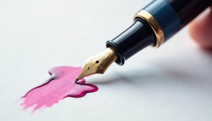 Fototapeta premium Elegant fountain pen leaving a trail of ink on pure white , simple, macro, still life