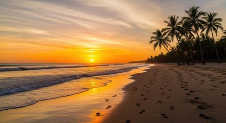 Golden sunrise painting the coastal landscape with vibrant hues over horizon