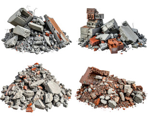 Four piles of construction debris, various sizes and types