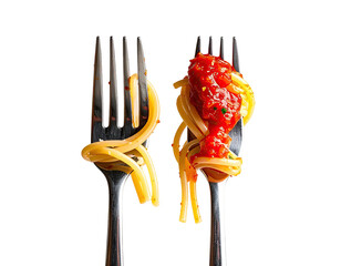 Two forks holding spaghetti with tomato sauce