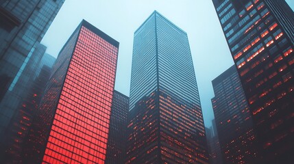 Obraz premium City skyscrapers, foggy evening, low angle, urban scene, business
