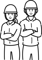 若い土木作業員の男性と女性がキリリとした表情のイラスト　線画のみ