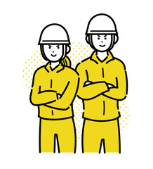 若い土木作業員の男性と女性がキリリとした表情のイラスト