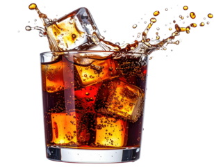 Dark, fizzy drink with ice in a glass, splashing