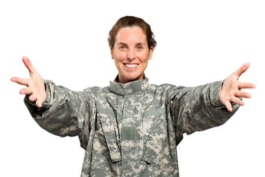 Female soldier png mockup reaching out her arms
