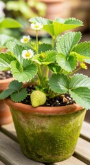 Verdant Strawberry Plant Thriving in Rustic Clay Pot on Wooden Surface