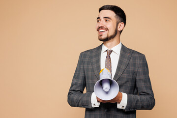 Young happy successful employee business man corporate lawyer wear grey suit shirt tie work in...