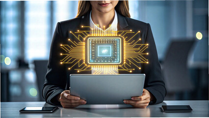 businesswoman using laptop with glowing microchip illustration symbolizing artificial intelligence and digital innovation