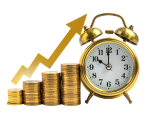 Gold coins stacked upward with an upward gold arrow, beside a gold alarm clock