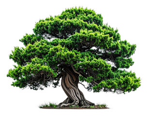 Lush bonsai tree, vibrant green foliage, gnarled trunk