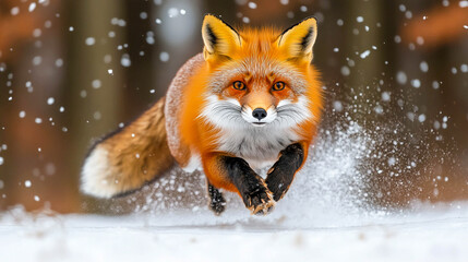 A red fox moving through the snow in a winter forest. The atmosphere of winter and wildlife.