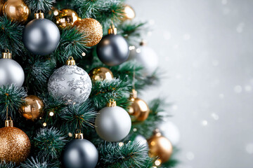 A decorated Christmas tree with a variety of colorful balls in shades of gold, silver, white, and blue.