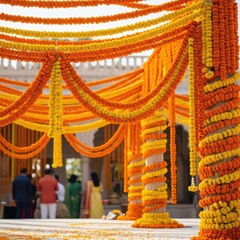 Vibrant Floral Decorations Adorn a Traditional Indian Wedding Mandap.