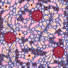 Seamless floral pattern with flowers and leaves in pink, purple and burgundy colors on blue background. Elegant botanical design perfect for fabric, wallpaper, wrapping paper. Vector illustration.