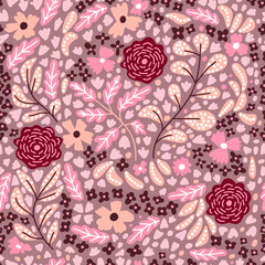 Seamless floral pattern with flowers and leaves in pink, purple and burgundy colors. Elegant botanical hand drawn design perfect for fabric, textilr, wallpaper, wrapping paper. Vector illustration.