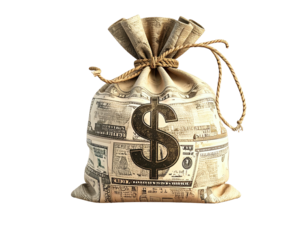 A vintage money bag filled with aged paper currency, featuring a large bronze dollar sign
